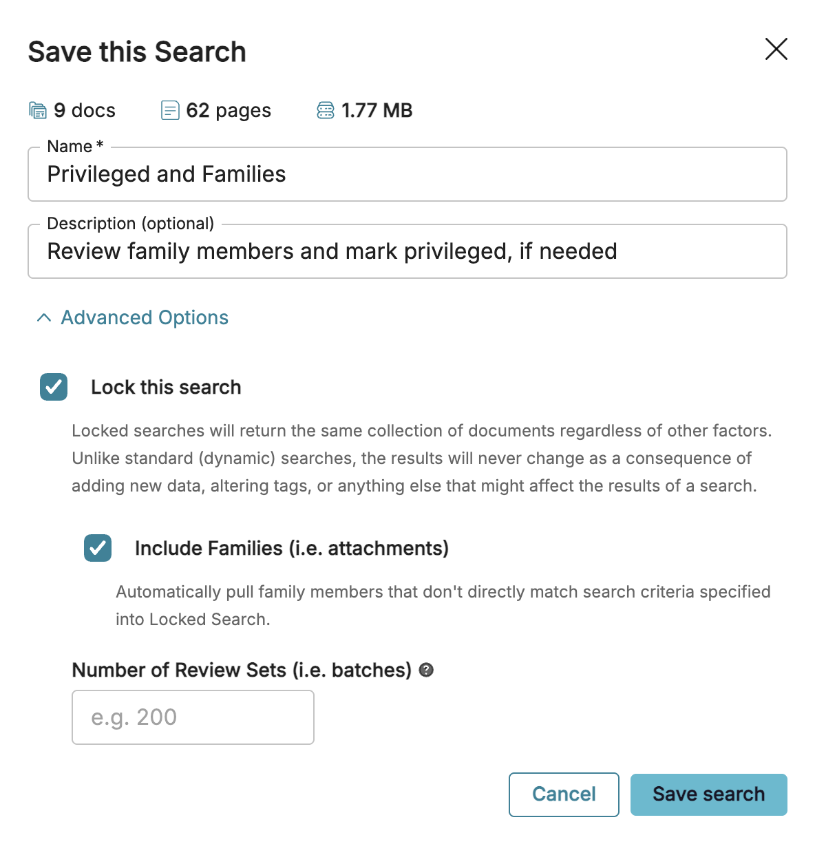 Search settings for privileged family members and document review options displayed on screen.